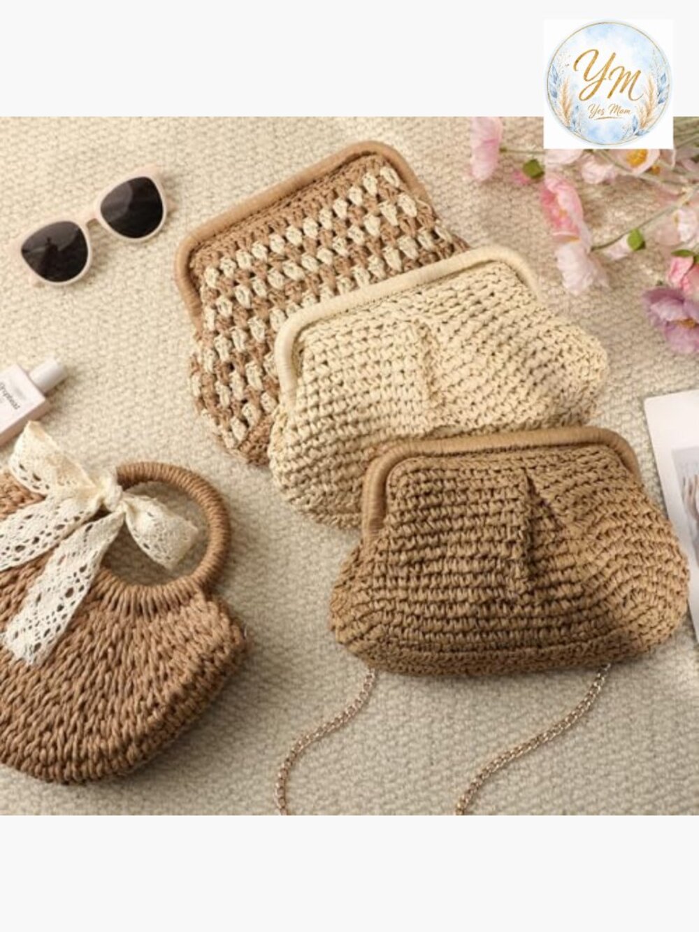 Hand-Woven Straw Clutch Purse with Detachable Chain Crossbody Bag - Picture 3 of 7